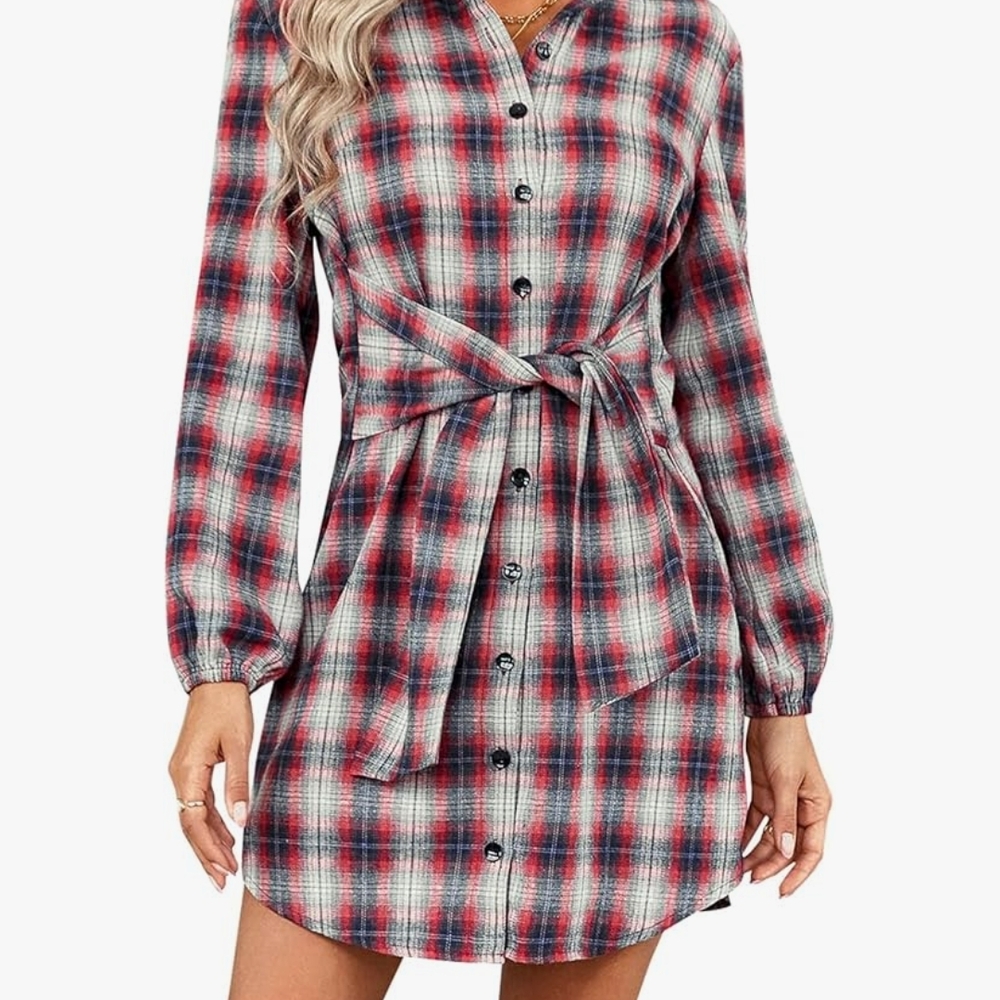 Plaid Button-Up Dress with Waist Tie